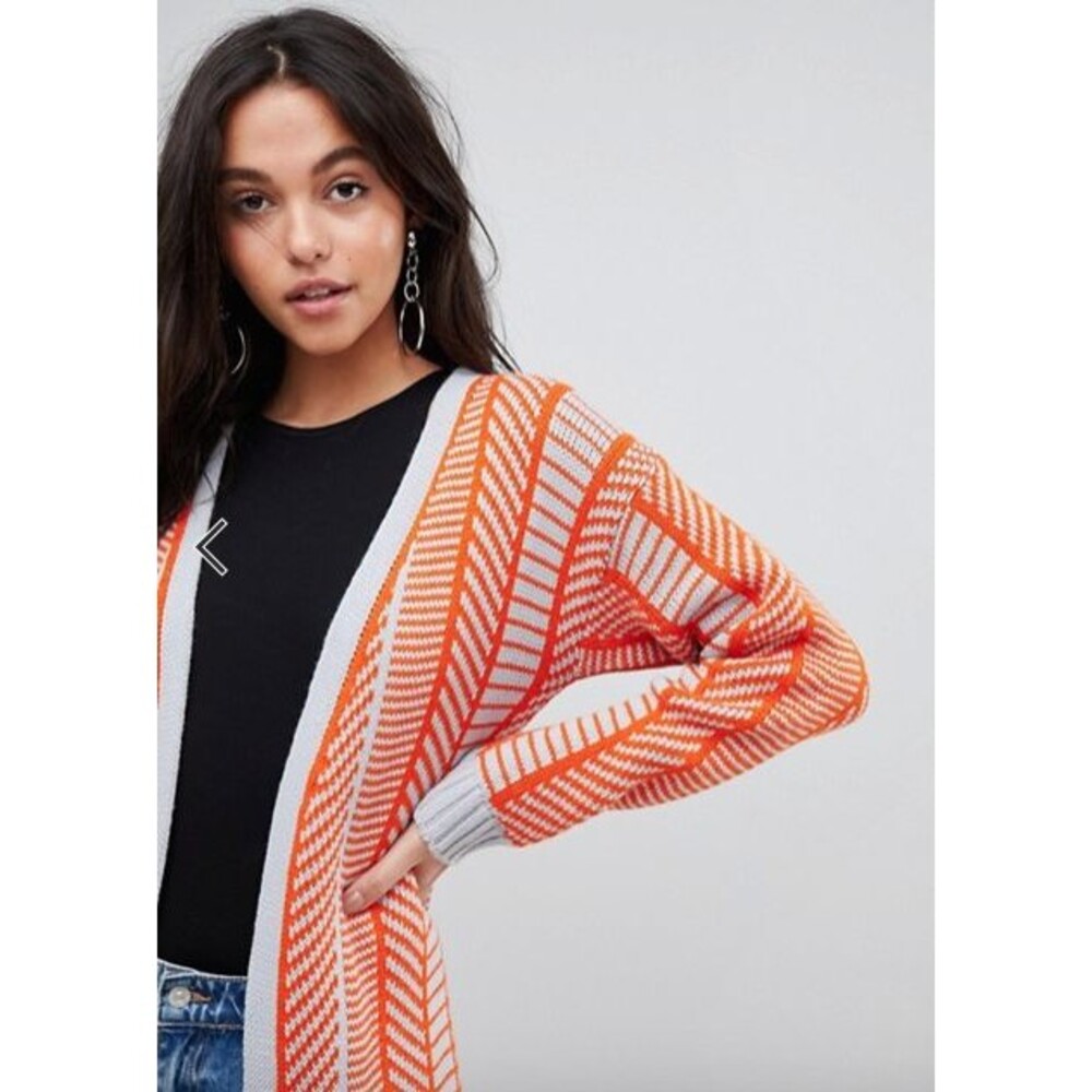 NEW Pretty Little Thing Longline Orange Blue Print Striped Cardigan Sweater S